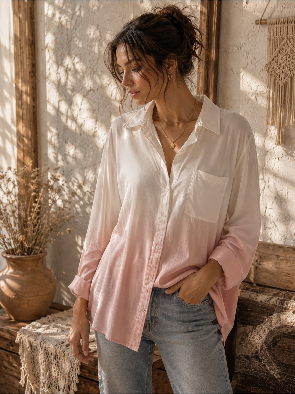 120. Ricki's Cream to Light Pink Ombre Button-Down Shirt